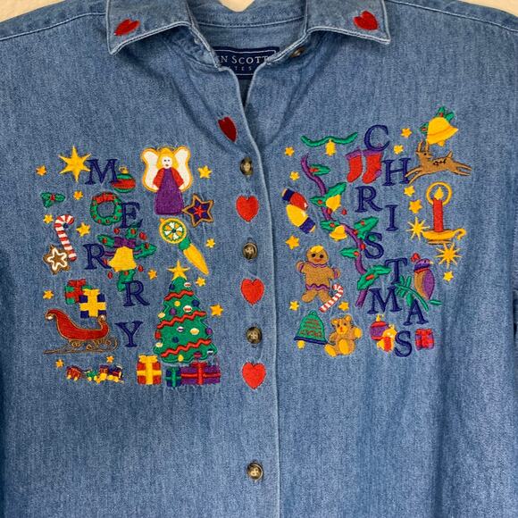 Karen Scott Christmas Embroidered Button Down Denim Chambray Size Petite Small - Picture 2 of 7